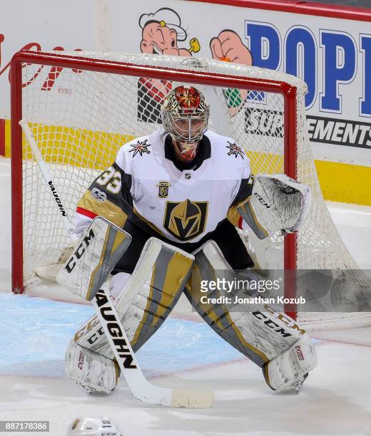 Goaltender Maxime Lagace of the Vegas Golden Knights guards the net during second period action against the Winnipeg Jets at the Bell MTS Place on...