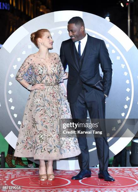 Jessica Chastain and Idris Elba attend the 'Molly's Game' UK premiere at Vue West End on December 6, 2017 in London, England.