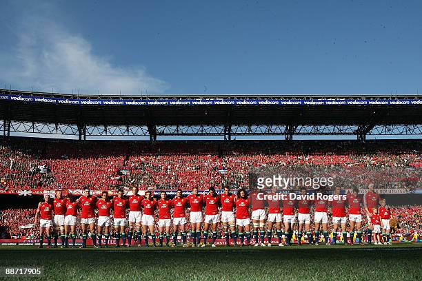 The Lions line up prior to the Second Test match between South Africa and the British and Irish Lions at Loftus Versfeld on June 27, 2009 in...