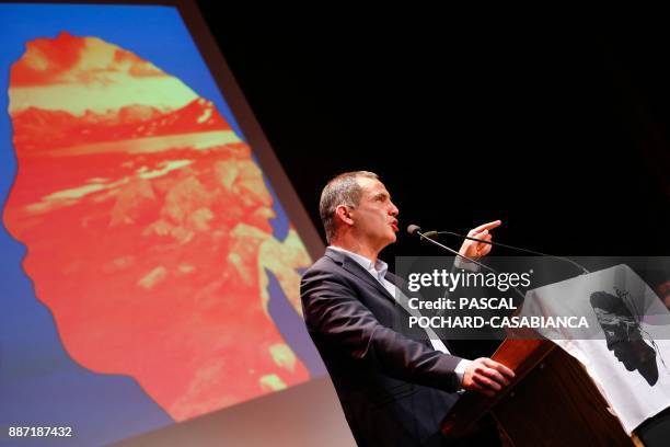 Candidate for the Pe a Corsica nationalist party for Corsican regional elections Gilles Simeoni delivers a speech during a campaign meeting in...