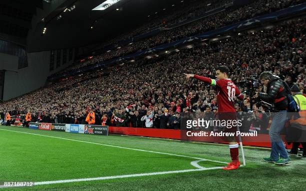 Philippe Coutinho of Liverpool celebrates after scoring a goal during the UEFA Champions League group E match between Liverpool FC and Spartak Moskva...