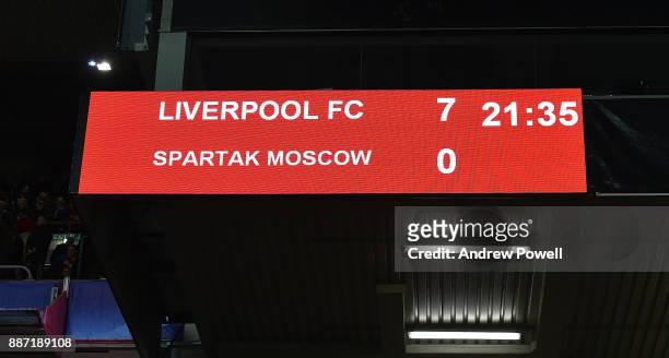Scoreboard at the end of the UEFA Champions League group E match between Liverpool FC and Spartak Moskva at Anfield on December 6, 2017 in Liverpool,...