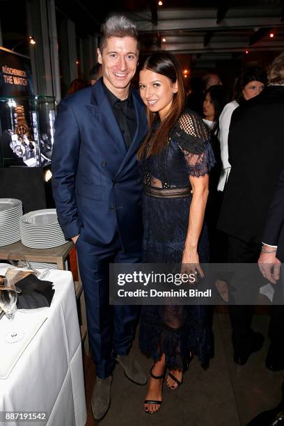 Robert Lewandowski and his wife Anna Lewandowska attend the Rueschenbeck and BUNTE reception at Hotel Bayerischer Hof on December 6, 2017 in Munich,...