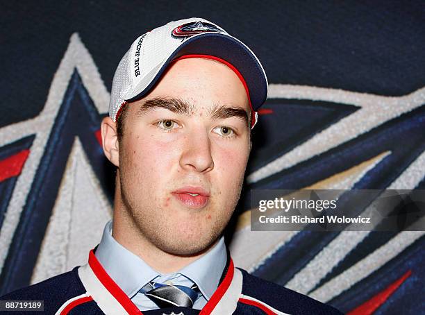 David Savard of the Columbus Blue Jackets looks on after being drafted in the 2009 NHL Entry Draft at the Bell Centre on June 27, 2009 in Montreal,...