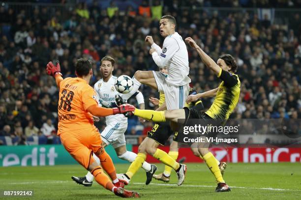 Goalkeeper Roman Burki of Borussia Dortmund, Sergio Ramos of Real Madrid, Cristiano Ronaldo of Real Madrid, Marcel Schmelzer of Borussia Dortmund,...