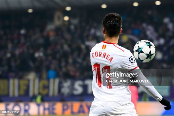 Sevilla's Argentinian midfielder Joaquin Correa controls the ball during the UEFA Champions League Group E football match between NK Maribor and...