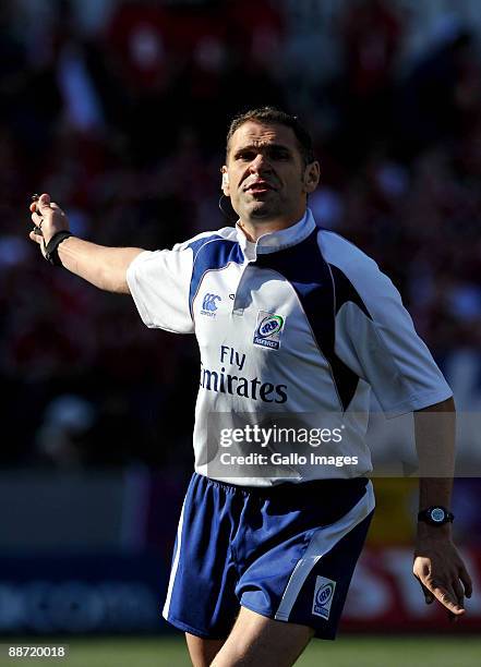 Referee Christophe Berdos of France signals during the Second Test match between South Africa and the British and Irish Lions at Loftus Versfeld on...