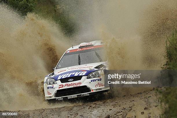 Krzysztof Holowczyc of Poland and Lukasz Kurzeja of Poland compete in their Stobart VK Ford Focus during the Leg 2 of WRC Rally of Poland on June 27,...