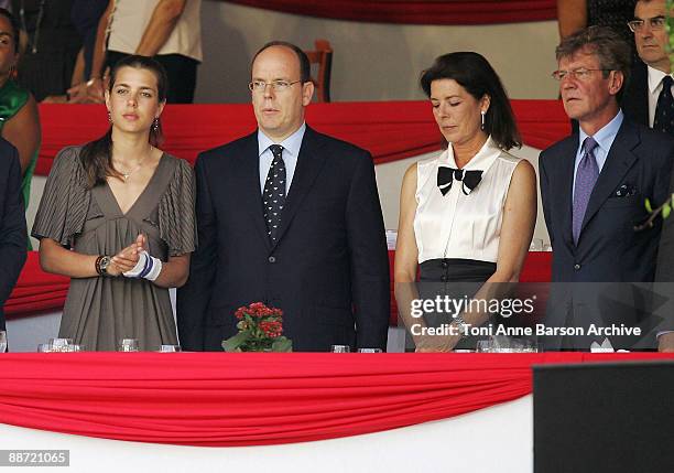 Charlotte Casiraghi, Prince Albert II of Monaco, Princess Caroline of Hanover and Prince Ernst-August of Hanover attend the International Jumping...