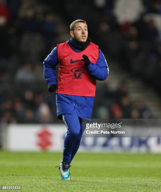 Kylian Hazard of Chelsea warms up at half time during the Checkatrade Trophy Second Round match between Milton Keynes Dons and Chelsea U21vat...
