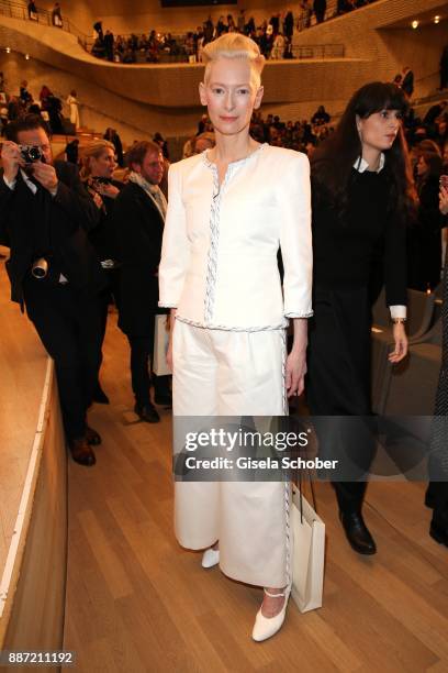 Tilda Swinton during the Chanel "Trombinoscope" collection Metiers d'Art 2017/18 show at Elbphilharmonie on December 6, 2017 in Hamburg, Germany.