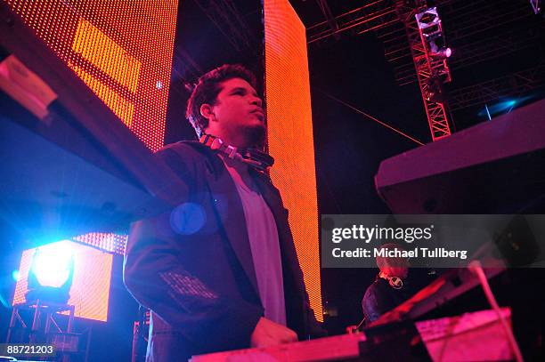 Electronic music artists Rob Garza and Eric Hilton of Thievery Corporation performing onstage at the 13th annual Electric Daisy Carnival electronic...