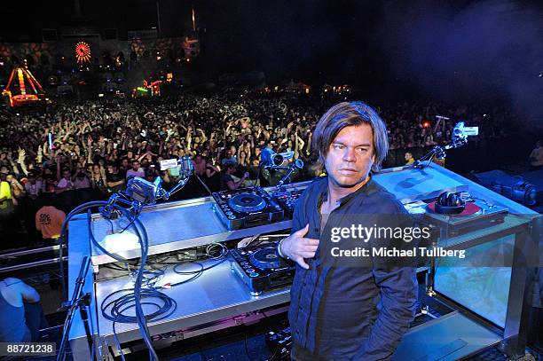 Producer Paul Oakenfold spins at the 13th annual Electric Daisy Carnival electronic music festival on June 26, 2009 in Los Angeles, California.