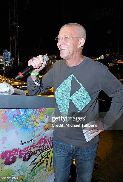 Electronic music pioneer DJ Swedish Egil addresses the crowd at the 13th annual Electric Daisy Carnival electronic music festival on June 26, 2009 in...