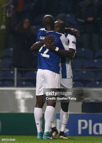 Porto forward Vincent Aboubakar from Camaroes celebrates with teammate FC Porto midfielder Danilo Pereira from Portugal after scoring a goal during...