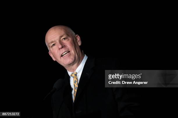 Rep. Greg Gianforte speaks during the U.S. Capitol Christmas Tree lighting ceremony on Capitol Hill, December 6, 2017 in Washington, DC. The tree is...