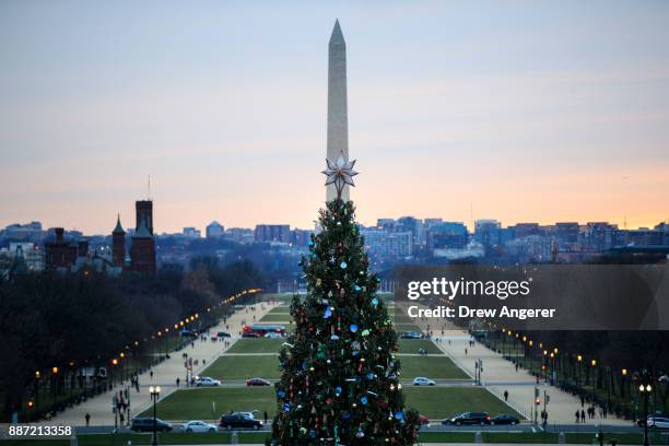 View of the Washington Monument, National Mall and Capitol Christmas tree before the start of the U.S. Capitol Christmas Tree lighting ceremony on...