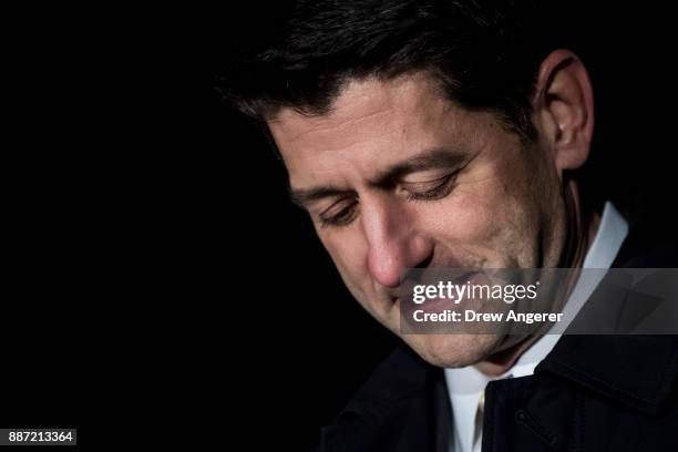 Speaker of the House Paul Ryan pauses while speaking during the U.S. Capitol Christmas Tree lighting ceremony on Capitol Hill, December 6, 2017 in...