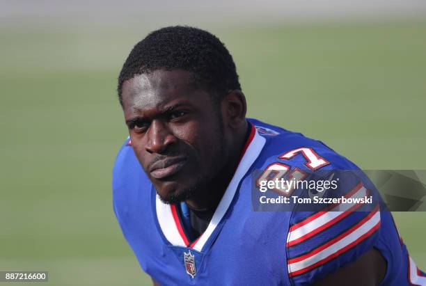 Tre'Davious White of the Buffalo Bills as he warms up before the start of NFL game action against the New England Patriots at New Era Field on...