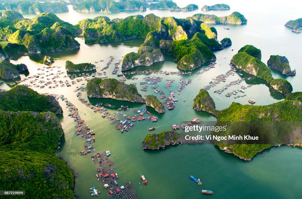 Cai Beo floating village, Cat Ba Island from above