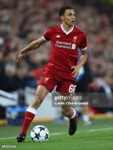 Trent Alexander-Arnold of Liverpool in action during the UEFA Champions League group E match between Liverpool FC and Spartak Moskva at Anfield on...