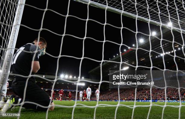 Aleksandr Selikhov of Spartak Moskva look dejected after conceding the seventh goal during the UEFA Champions League group E match between Liverpool...