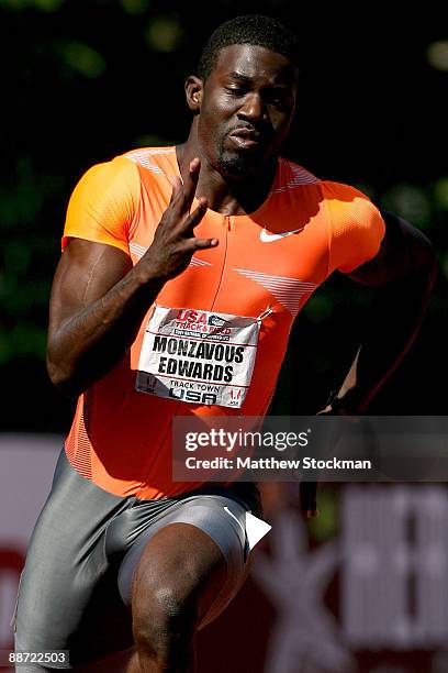 Monzavous Edwards competes in the first round of the 200 meter event during the USA Outdoor Track & Field Championships at Hayward Field on June 27,...
