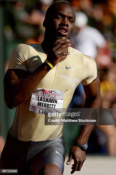 Lashawn Merritt competes in the 400 meter final during the USA Outdoor Track & Field Championships at Hayward Field on June 27, 2009 in Eugene,...