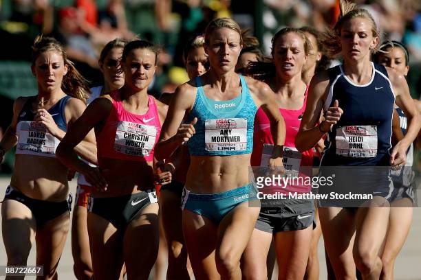 Amy Mortimer leads the field in the 1500 meter final during the USA Outdoor Track & Field Championships at Hayward Field on June 27, 2009 in Eugene,...