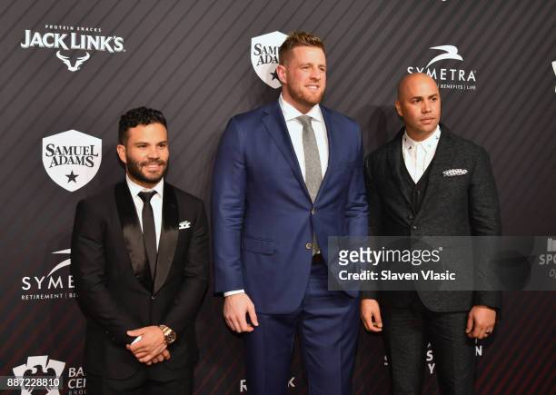 Jose Altuve; J.J. Watt and Carlos Beltran attends SPORTS ILLUSTRATED 2017 Sportsperson of the Year Show on December 5, 2017 at Barclays Center in New...