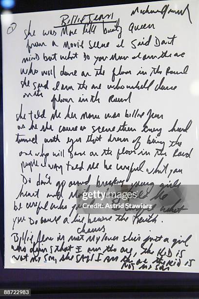 Michael Jackson's original handwritten lyrics to the 1983 single "Billie Jean" is on exhibit at the Rock & Roll Hall of Fame Annex NYC on June 27,...