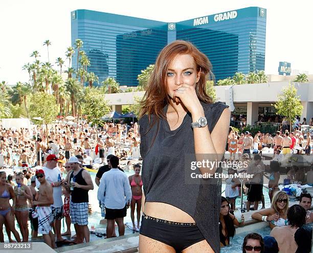 Actress Lindsay Lohan appears at the Wet Republic pool at the MGM Grand Hotel/Casino as she celebrates her birthday and her Sevin Nyne brand tanning...