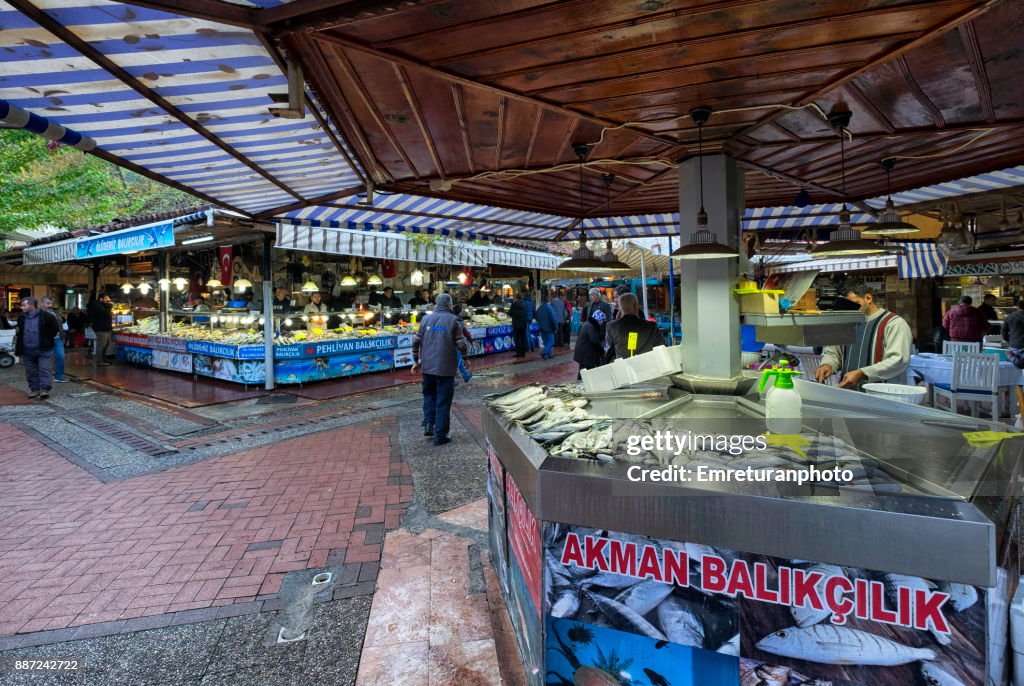 Fish stands in the fish market ,Fethiye.