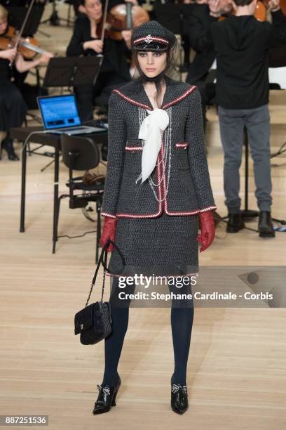 Model walks the runway during the Chanel Collection Metiers d'Art Paris Hamburg 2017/18 at the Elbphilharmonie on December 6, 2017 in Hamburg,...