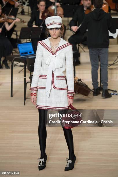 Model walks the runway during the Chanel Collection Metiers d'Art Paris Hamburg 2017/18 at the Elbphilharmonie on December 6, 2017 in Hamburg,...