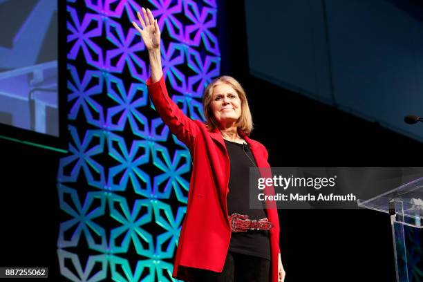 Activist Gloria Steinem speaks at the Opening Night of the Massachusetts Conference for Women at the Boston Convention Center on December 6, 2017 in...