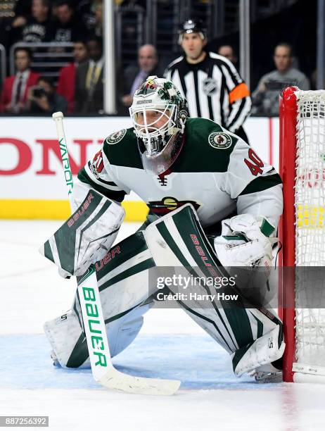 Devan Dubnyk of the Minnesota Wild in goal against the Los Angeles Kings at Staples Center on December 5, 2017 in Los Angeles, California.