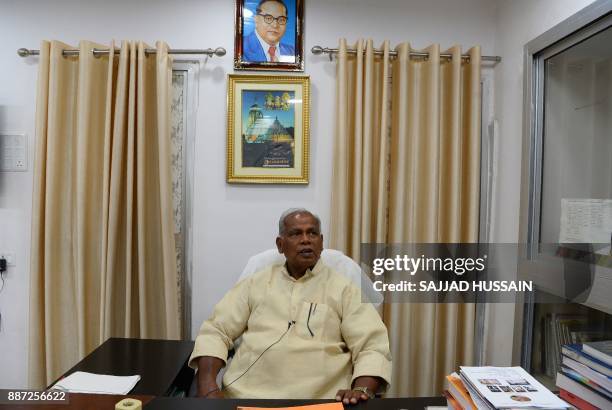 This photograph taken on August 18, 2017 shows Jitan Ram Manjhi, who in 2014 became the first Musahar chief minister of any Indian state, speaking...