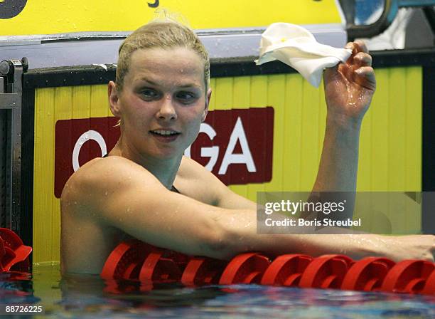 Britta Steffen of SG Neukoelln Berlin reacts after winning the women's 50 m freestyle A final during the German Swimming Championship 2009 at the...