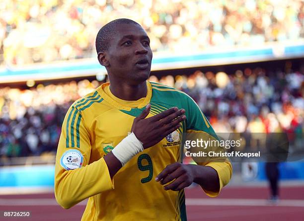 Katlego Mphela of South Africa celebrates scoring a goal during the FIFA Confederations Cup 3rd Place Playoff between Spain and South Africa at the...