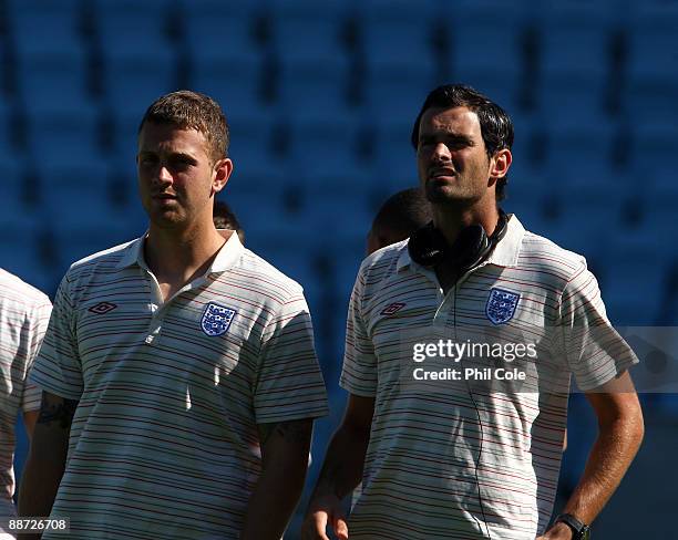 Joe Lewis of England and Scott Loach look on during a walk about in the New Stadium instead of training ahead of their UEFA European Under-21...