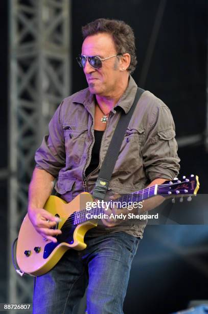 Bruce Springsteen performs on stage with The Gaslight Anthem on the last day of Hard Rock Calling 2009 in Hyde Park on June 28, 2009 in London,...