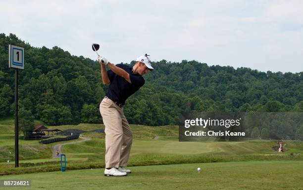 Ron Grube prepares to tee off on the first hole during the final round of the Nationwide Tour Players Cup at Pete Dye Golf Club on June 28, 2009 in...