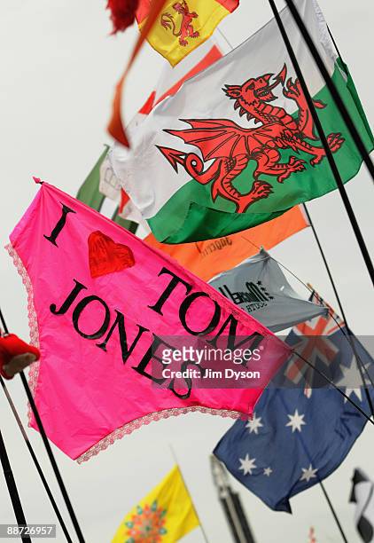Tom Jones fans wave flags as he performs on the Pyramid Stage during during day 4 of the Glastonbury Festival at Worthy Farm in Pilton, Somerset on...