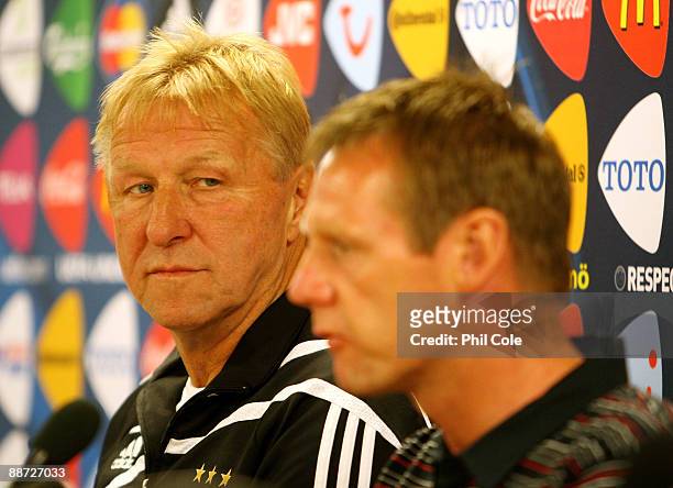 Horst Hrubesch Manager of Germany during press conferance with Stuart Pearce Manager of England ahead of their UEFA European Under-21 Championship...