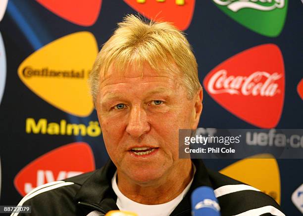 Horst Hrubesch Manager of Germany speaks during press conferance ahead of their UEFA European Under-21 Championship Final match against Germany, at...