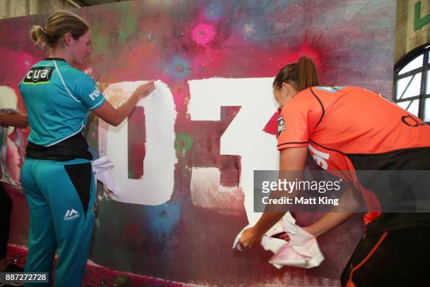 Players reveal WBBL03 on an artistic activation during the 2017-18 WBBL Women's Big Bash League season launch at Carriageworks on December 7, 2017 in...