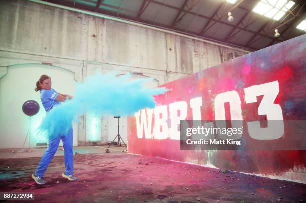 Suzie Bates of the Adelaide Strikers hits a chalk filled Christmas bauble during the 2017-18 WBBL Women's Big Bash League season launch at...