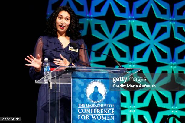 Spoken word poet Sarah Kay performs at the Opening Night of the Massachusetts Conference for Women at the Boston Convention Center on December 6,...
