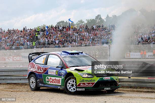 Jari Matti Latvala and Mikka Anttila of Finland crash their BP Abu Dhabi Ford Focus in to a barrier during the last stage of the third leg of the WRC...